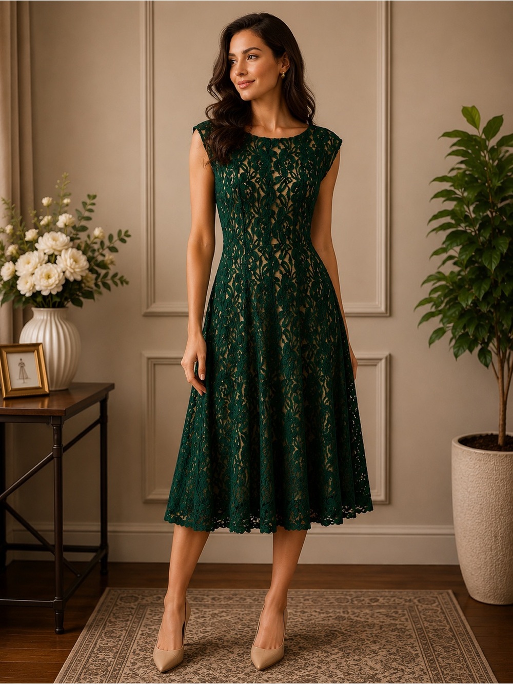 Julian Taylor Deep Emerald Lace Fit-and-Flare Midi Dress